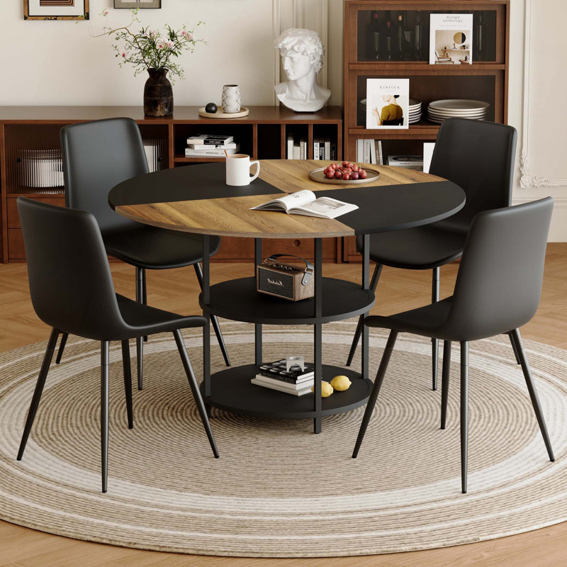 Table de salle à manger moderne à épaisseurs de couleur moderne avec rangement double couche, jumelée à 4 chaises artificielles avec coussins arrondis.