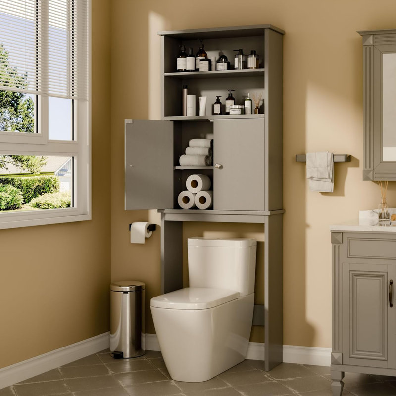 Armoire de rangement au-dessus de la toilette, organisateur de salle de bain avec tablettes ouvertes et portes doubles, rangement pour toilette peu encombrant, noir
