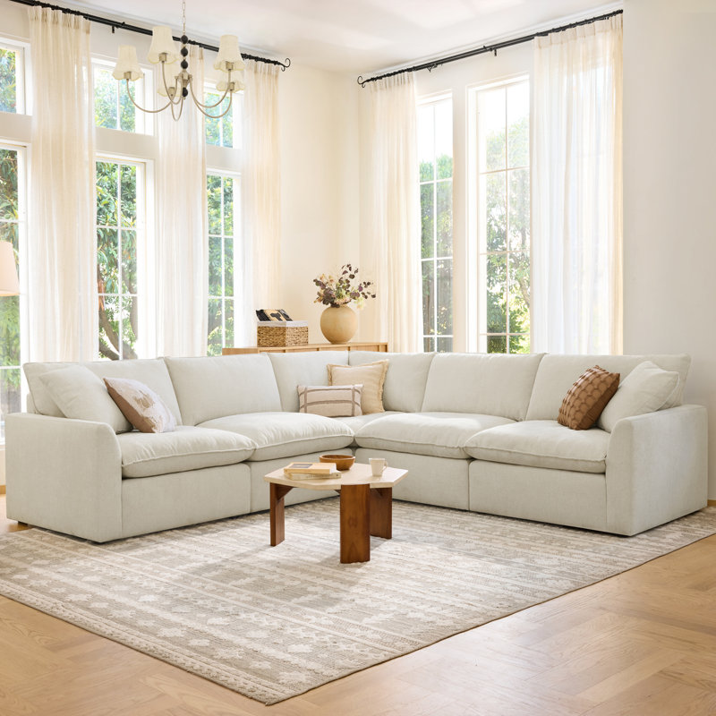 5-Piece Modular Upholstered Sectional Sofa with Ottoman — Deep Comfort Lounge Couch for Modern Living Rooms, Linen Polyester
