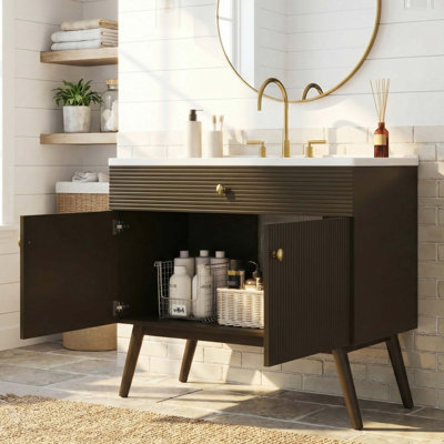 Meuble-lavabo de luxe à rayures avec double rangement à fermeture en douceur et lavabo en céramique de qualité supérieure