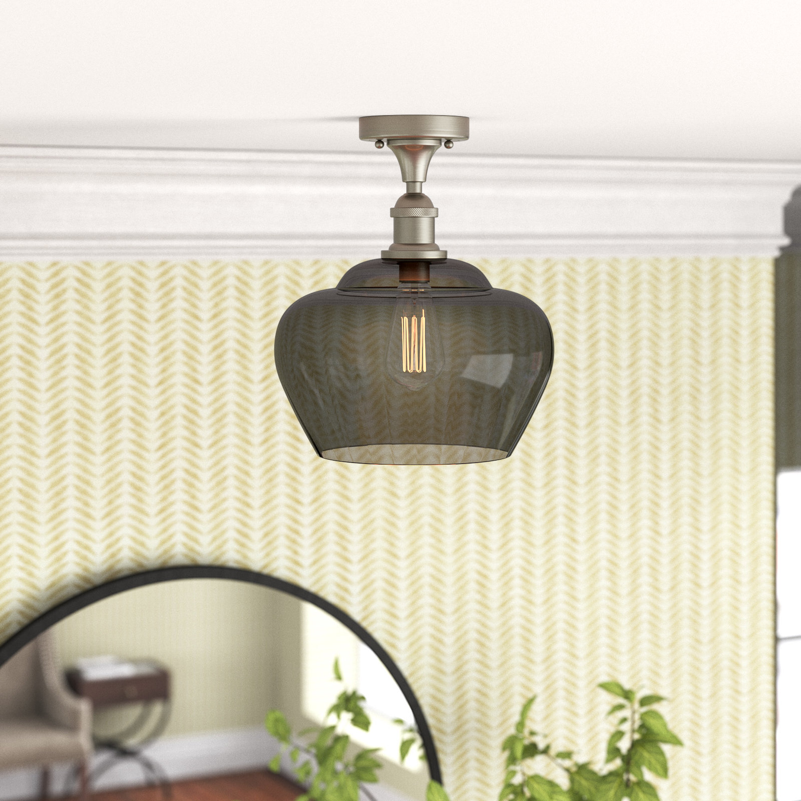 Renee Single Light Glass Semi Flush Mount, Plated Smoke, Incandescent, Brushed Satin Nickel