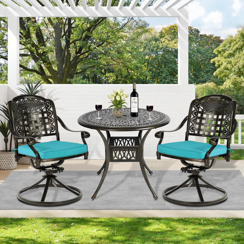 Ensemble de salle à manger rond en aluminium avec coussins 35,4 po, Bleu océan