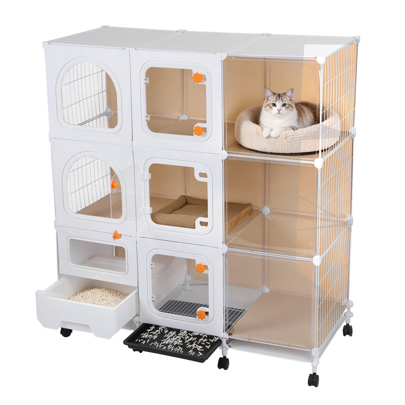 Grande niche pour chat avec roues, parc de jeux de luxe pour chat, cage d'intérieur avec bac à litière de 42 po (L) x 18,2 po (l) x 46 po (H)