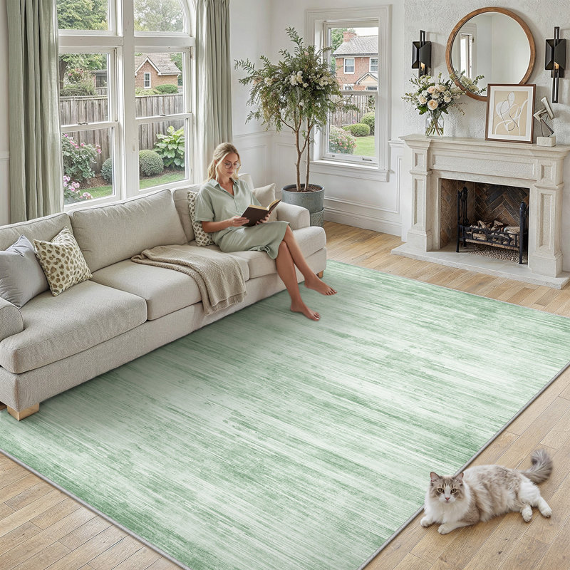 Tapis texturé abstrait vert clair Luminae, Light Green, Rectangulaire 8 pi x 10 pi