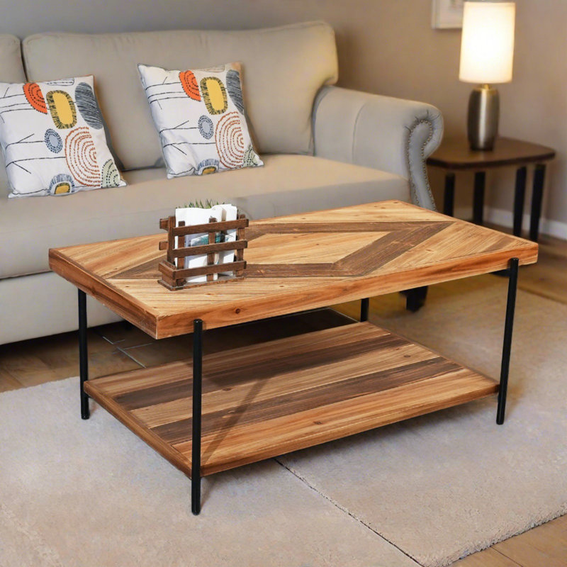 CONSDAN Solid Fir Wood Coffee Table, 2-Tier Industrial Farmhouse Table, 44" Rectangular Table