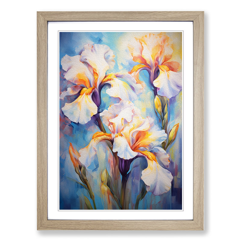 Iris Flower Impressionism No.4 - Single Picture Frame Print on Wood, Oak Framed, 46cm H x 34cm W x 2cm D
