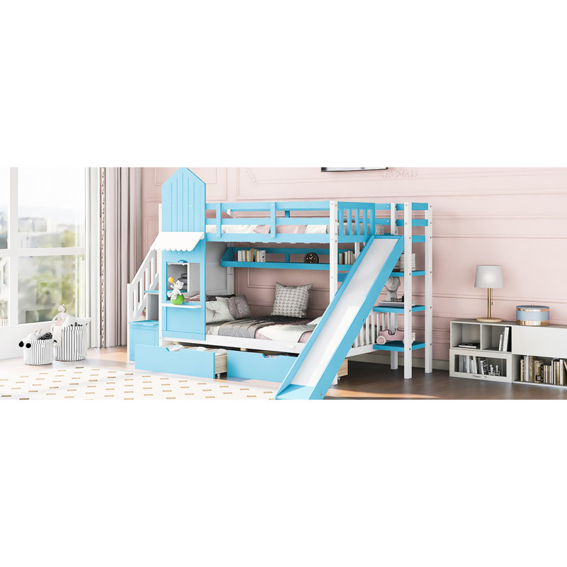 Lit superposé Twintwin avec 2 tiroirs, 3 tablettes et glissière - bleu. Fabrication en bois massif depuis plus de 6 ans. Aucun sommier tapissier requis. 106,3 po x l 76,6 po x H 72,8 po. Capacité de poids de 250 lb par glissoire bleue. 6.