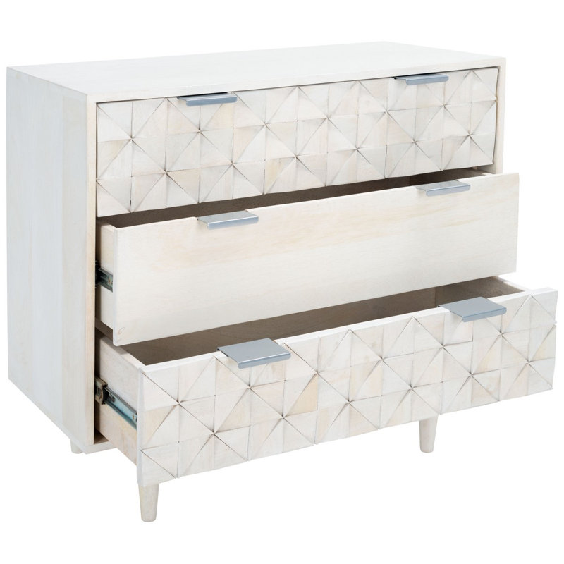 Stylish Ethier 31.8'' Solid Wood Nightstand – 3 Drawer Chest with Mid-Century Modern Tapered Legs, White Wash/Silver