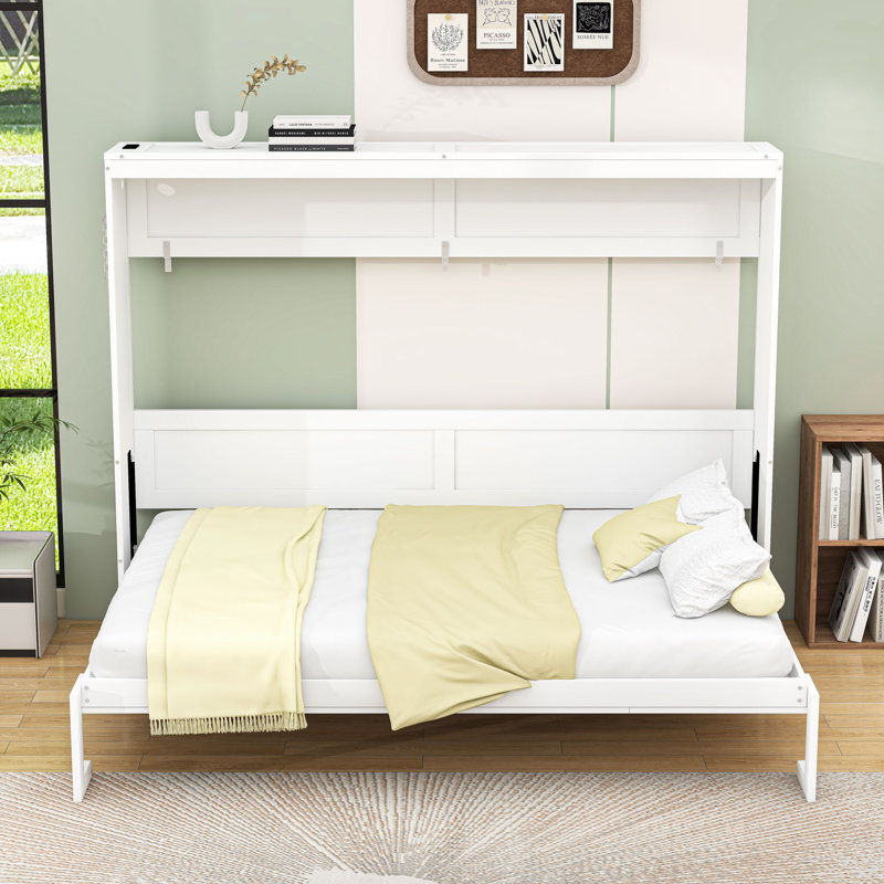 Lit escamotable en bois avec imprimé tendance, éclairage DEL et charge USB, Blanc, Grand lit