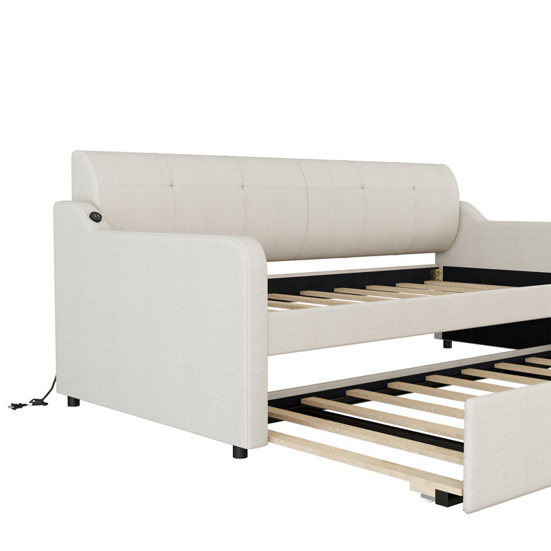 Upholstery Daybed With Trundle And USB Charging Design, Beige