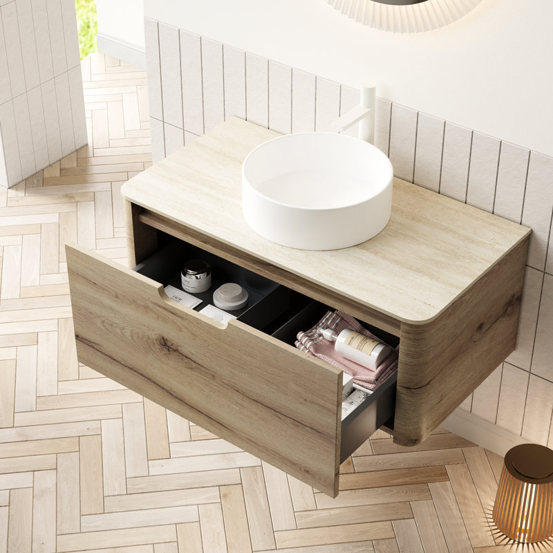 36" Bathroom Vanity With Drawer, White Round Ceramic Sink, -Pattern Sintered Stone Top, And Oak Cabinet - Water- Structure, Soft Close System, Pre-Built Unit Basin, Counter, Finish High-Performance