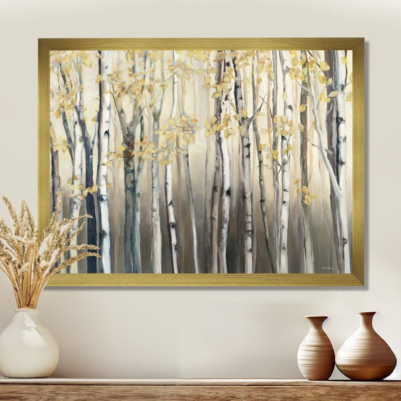 Forêt de bouleaux, art mural, impression de paysage de forêt dorée - Forêt de bouleaux dorés I, H 24 po x l 32 po, Cadre doré