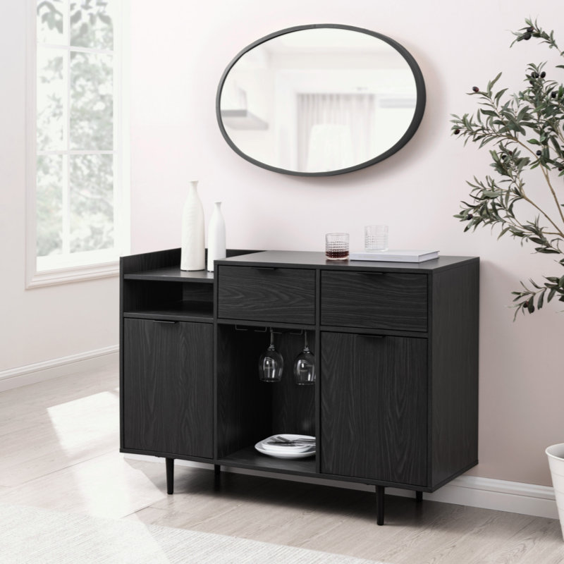 Bar moderne à 2 portes avec rangement pour bouteilles et verres à pied - Graphite