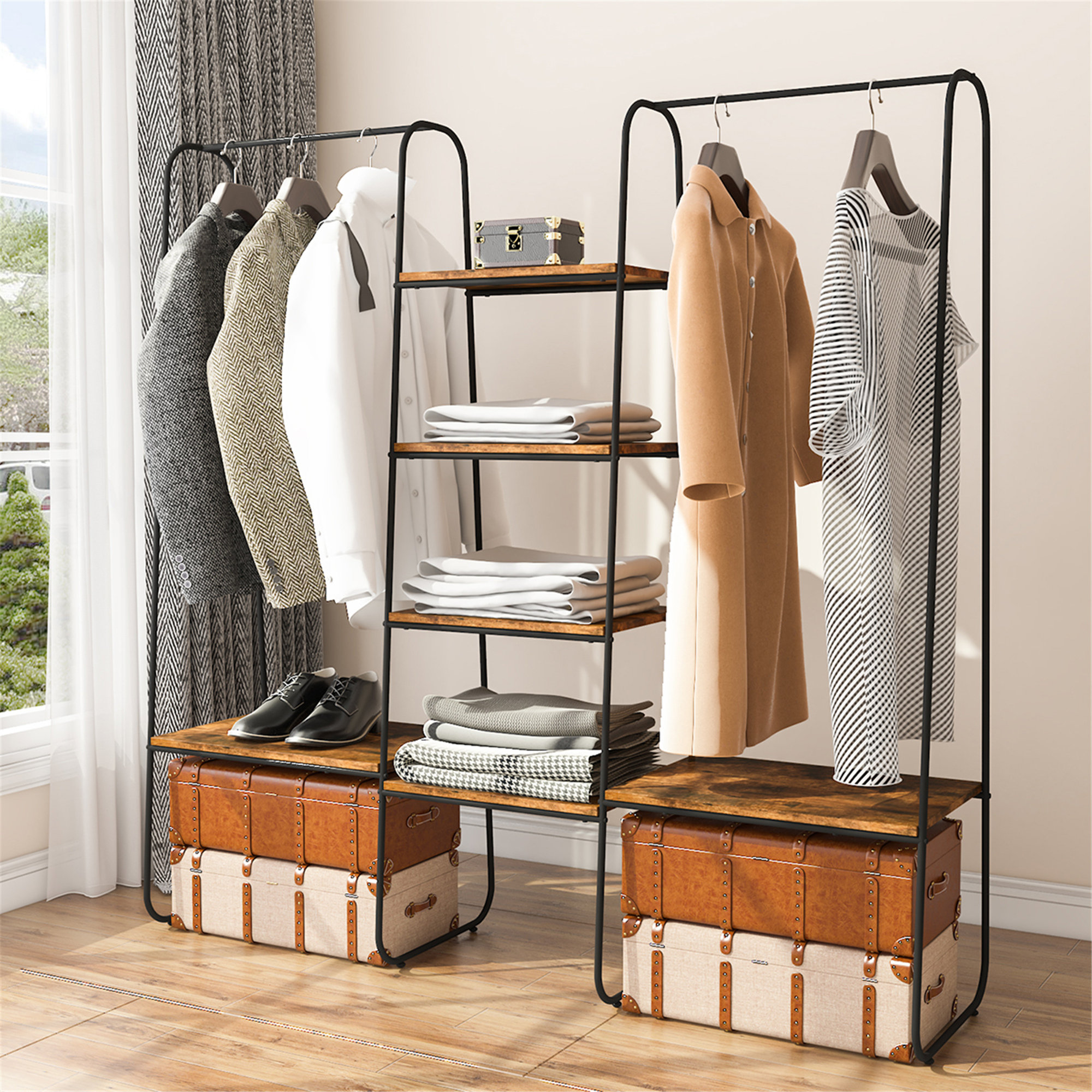 Honey-Can-Do Black/Natural Freestanding Metal Clothing Rack with Wood Shelves