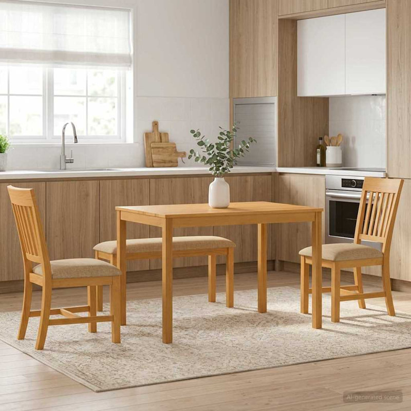 Oak Solid Wood Dining Set, Beige, Beige, Beige, Beige, 4