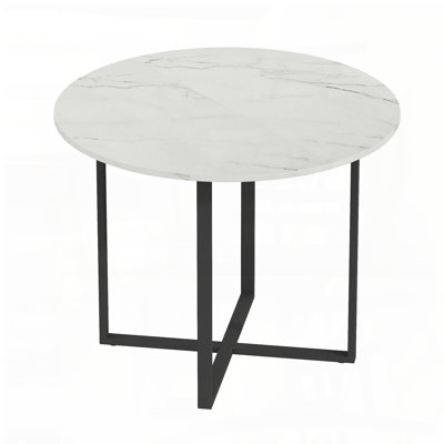 Round Marble-Veined MDF Dining Table with Geometric Black Metal Base (Small)