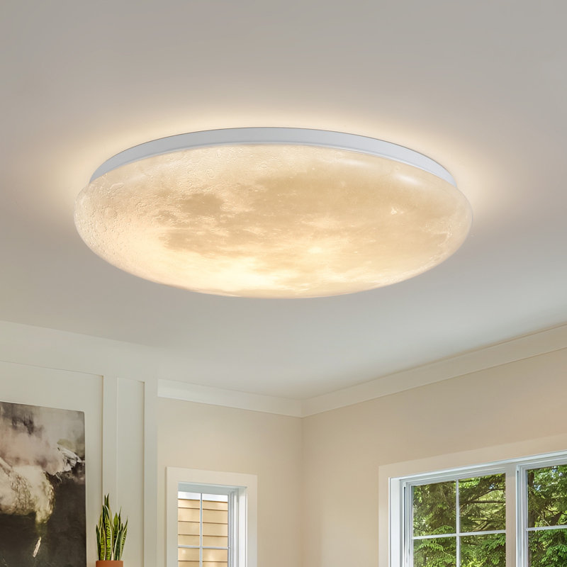 15" Flush Mount Light Remote Control Modern Moon Surface LED Ceiling Light - Dimmable, 3" H x 15" W x 15" W