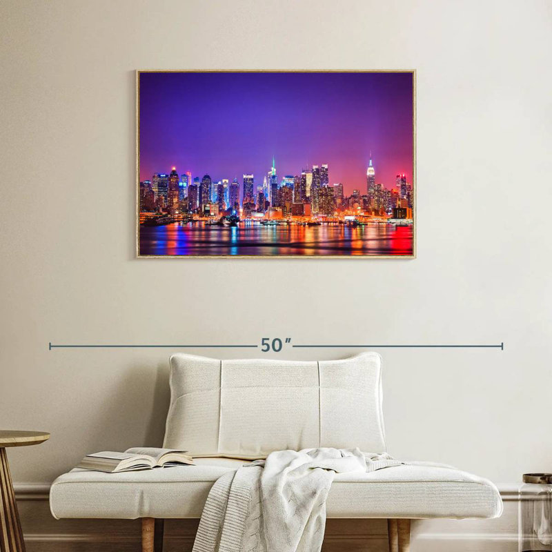 New York, la nuit, Cadre flottant en bois naturel, 37 po x 25 po