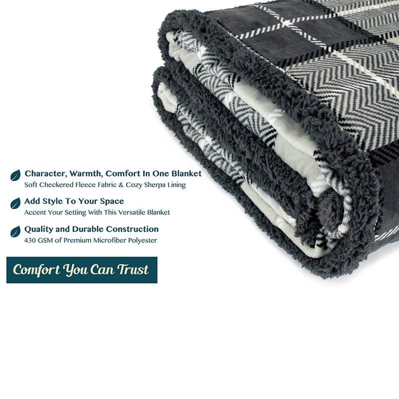 Charcoal Gray Plaid Sherpa Fleece Reversible Throw Blanket, 50" x 60"