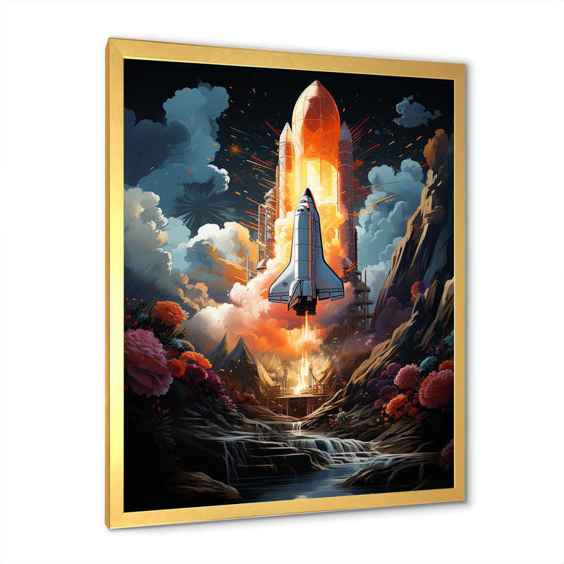 " Modern Space Shuttle Launch I ", 32"H x 24"W x 1"D, Gold Single Picture Framed