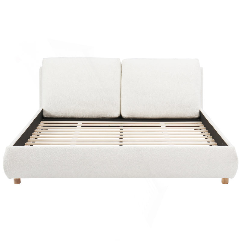 Grand lit plateforme tapissier avec deux têtes de lit amovibles, tissu Boucle, blanc