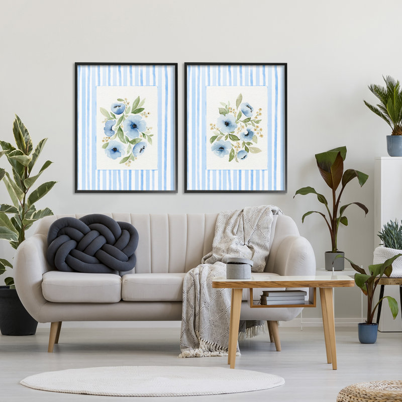 Fleurs bleues avec bordure rayée, ensemble de 2 giclées encadrées, design par Leah Noel Art, H 30 po x l 24 po
