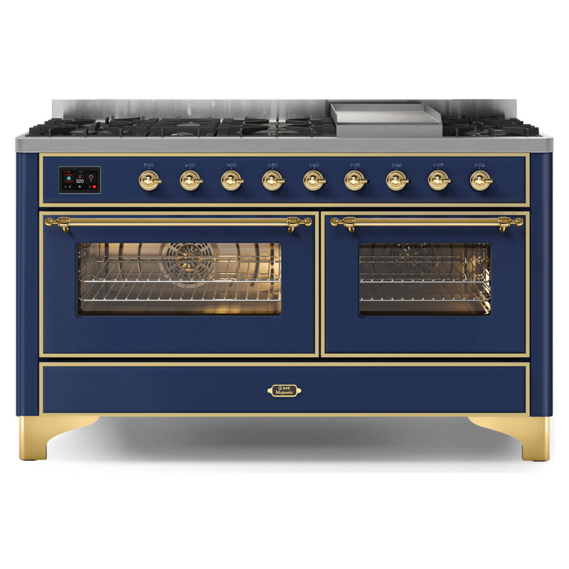 ILVE UM15FDNS3BGG Majestic II 60 inch Dual Fuel Range with 9 Burners, Griddle (Natural Gas, Triple Glass Door, Blue Grey, Brass)