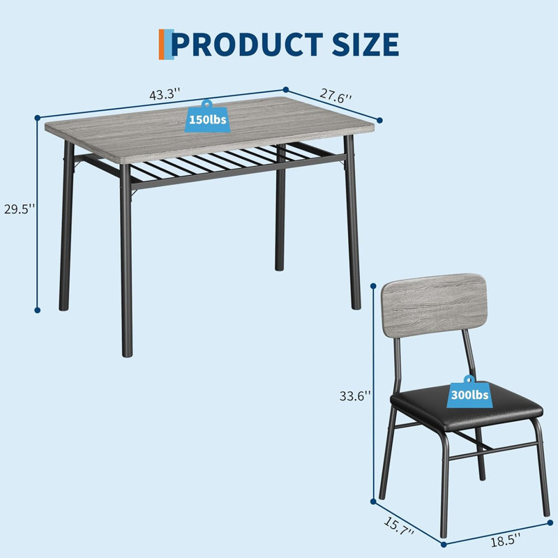 Ensemble de table de salle à manger pour 4 personnes avec support de rangement, table de cuisine 5 pièces et chaises rembourrées de 4, plateau de table en bois et structure en métal robuste, ensemble de salle à manger