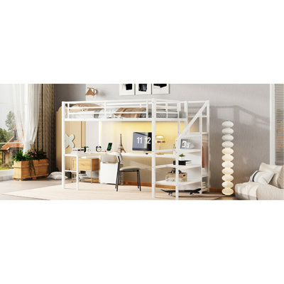Lit mezzanine simple en métal blanc avec bureau en L, garde-robe, port, bande à DEL - pratique et pratique pour étudier la taille, la finition, l'espace de travail, le rangement intégré, la vie étudiante