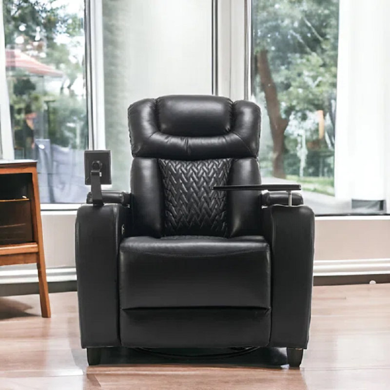 Gregorian Faux Leather Power Reclining Home Theater Seat with Cup Holder, Black Faux Leather