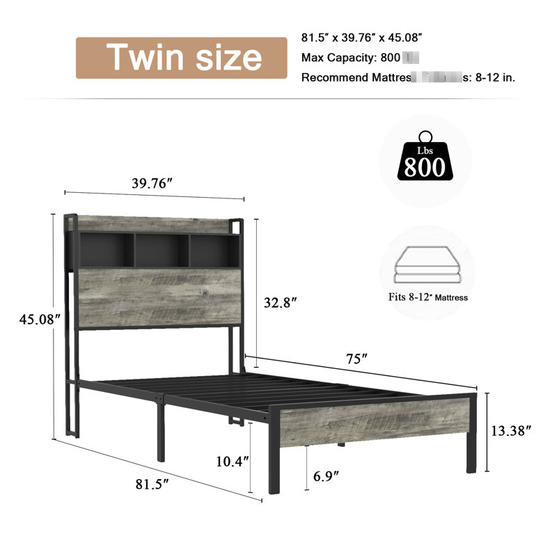 Cadre de lit pour lit simple avec rangement à la tête du lit et point de charge au centre, ton de bois gris, construction, tête de lit simple facile à installer dans la chambre à coucher, place centrale, matelas de soutien en métal