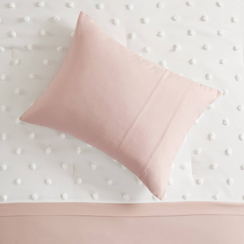 Pink and White Twin Microfiber Comforter Set with Jacquard Pompoms