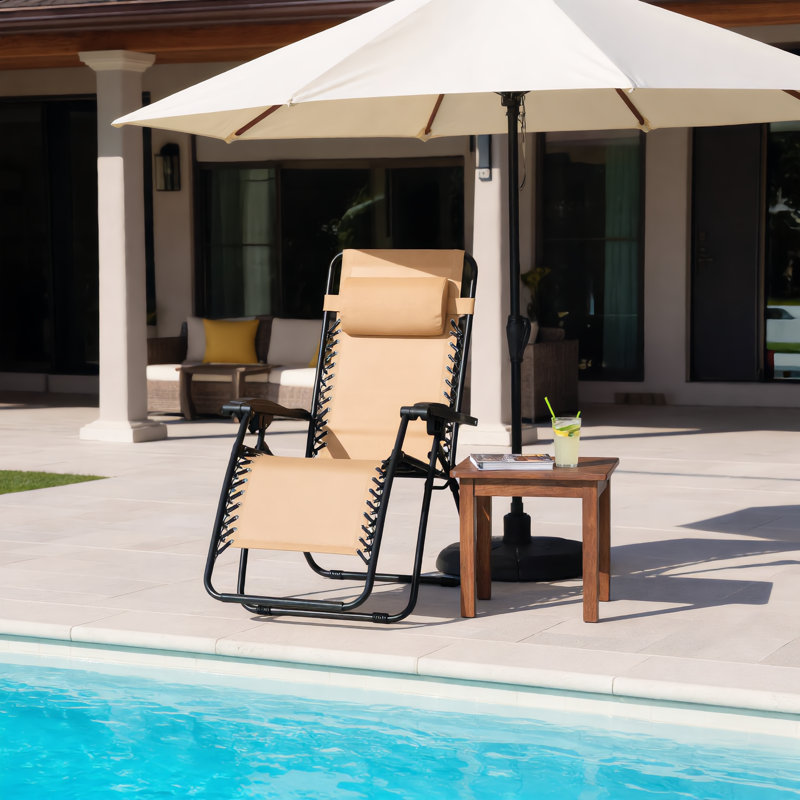 Beige Adjustable Lawn Chair For Outdoor Patio Zero Gravity Foldable Design With Padded Headrest And Weatherproof Textile Material