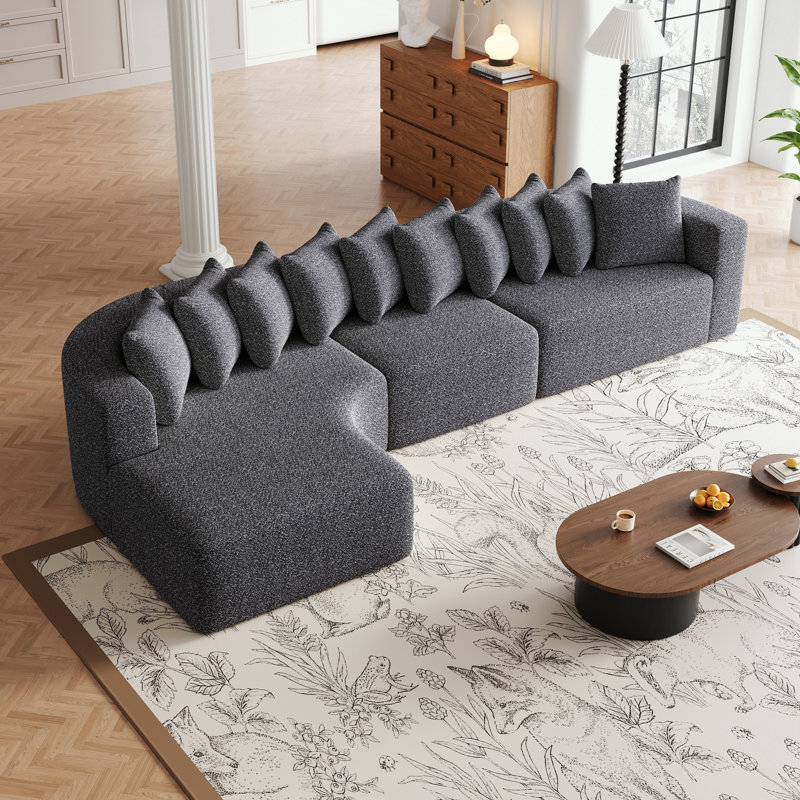 Ensemble de canapé modulaire en chenille avec 10 coussins et méridienne gauche, Orienté à gauche (vu de face), Gris chenille