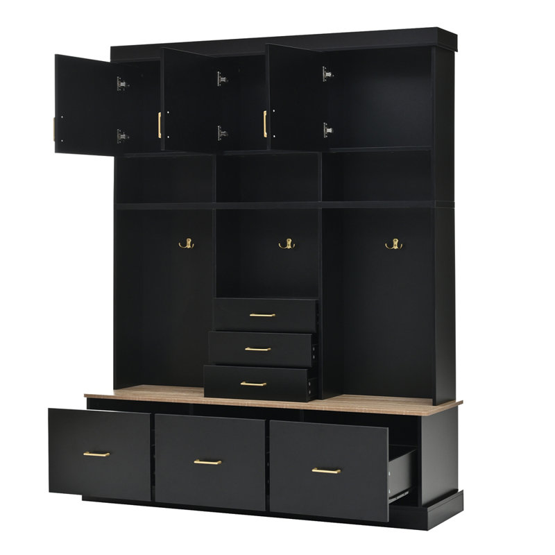 Entryway Hall Tree With Bench And Storage, 5-In-1 Modern Organizer With Coat Rack, Drawers, Cabinets, And Top Shelves For Efficient Space Utilization