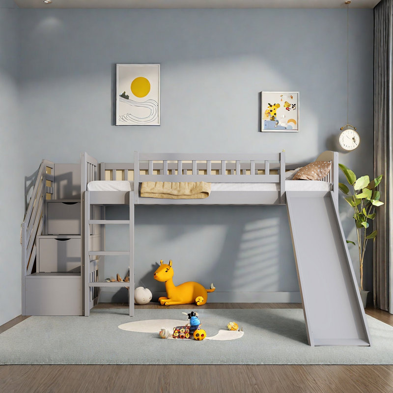 Lit mezzanine avec glissade, escalier de rangement et échelle, Gris