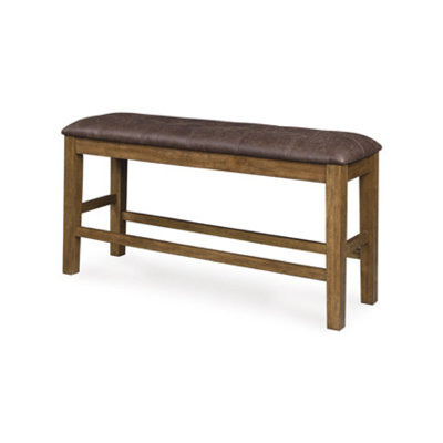 Fori Counter Height Bench, 50 Inch Faux Leather Seat, Light Brown Legs