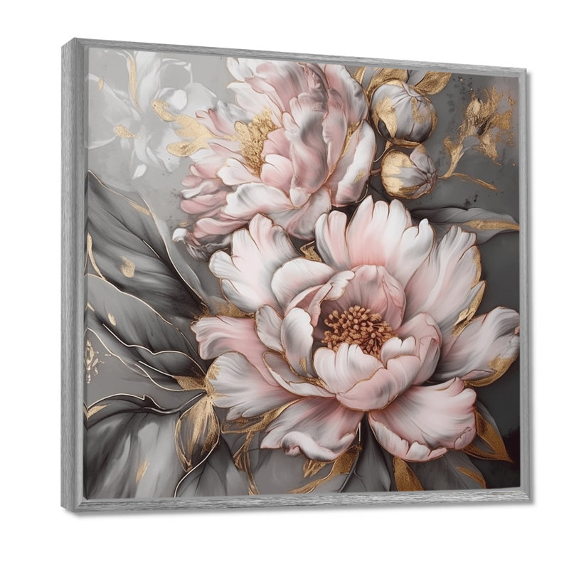 Rose et gris pivoines élégantes I - pivoines, art mural encadré, H 16 po x l 16 po, Encadrement argenté