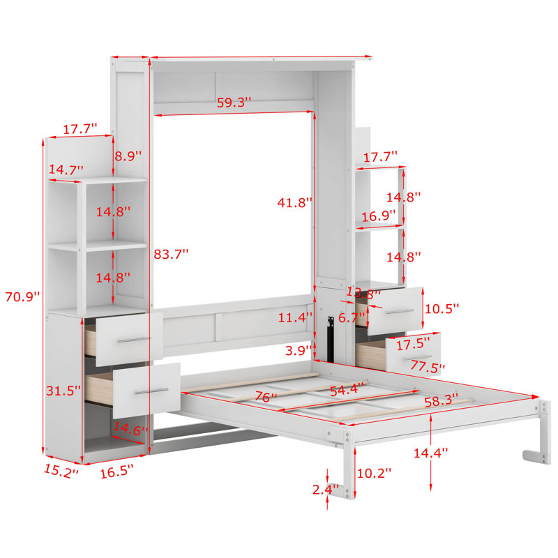 Lit escamotable double avec tablettes Campden, Blanc