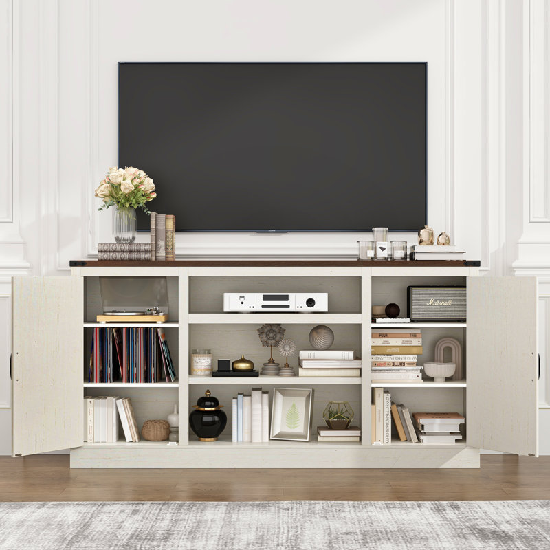 Collings Media Console and TV Stand for TVs up to 75", White/Brown, 33.5”H x 66”L x 15”W
