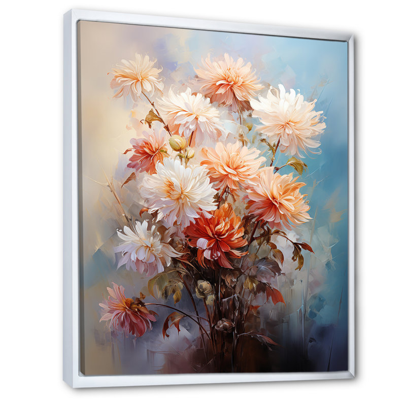 «Yuchen Peach White Mums Romantic Impression II», reproduction sur toile, H 32 po x l 24 po x P 1 po, Cadre flottant blanc