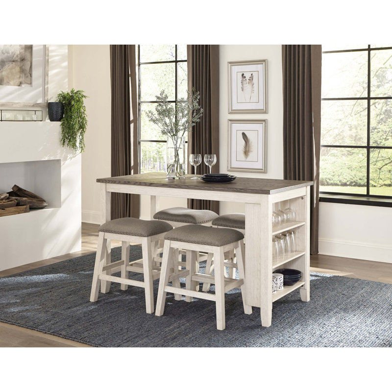 Table multifonctionnelle à hauteur de comptoir 5 pièces avec 4 tabourets garniture cloutée en tissu, Brun rosé / beige