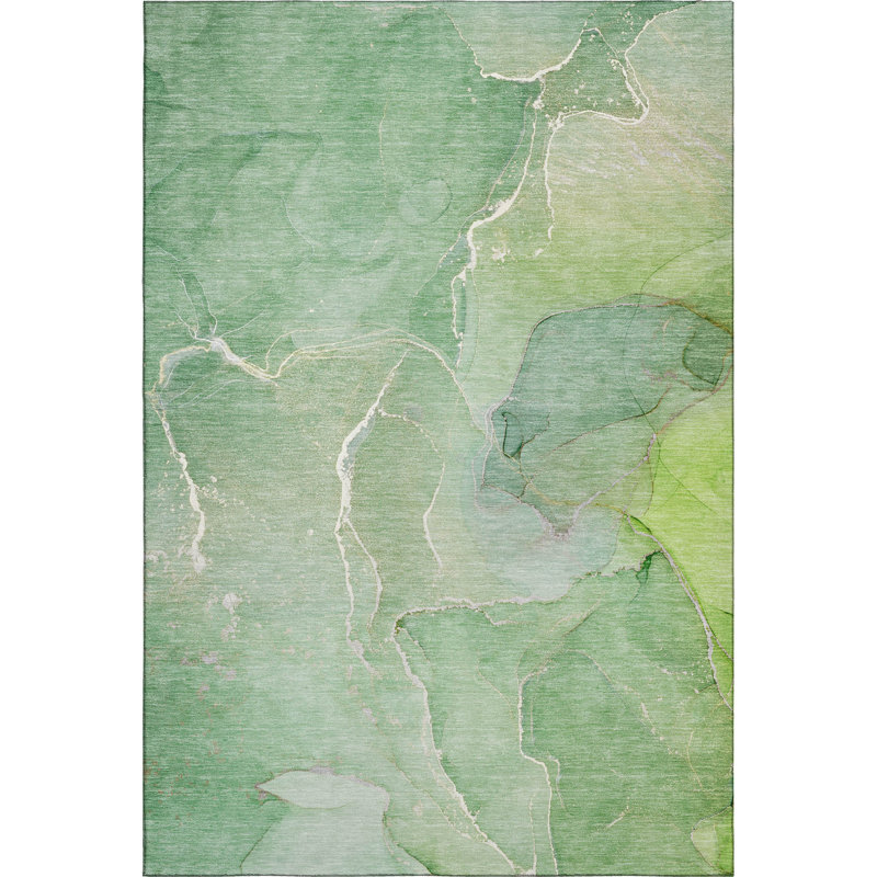 Premium Machine Washable Cerrito AMF511 Green Rug, Rectangle 3' x 5'
