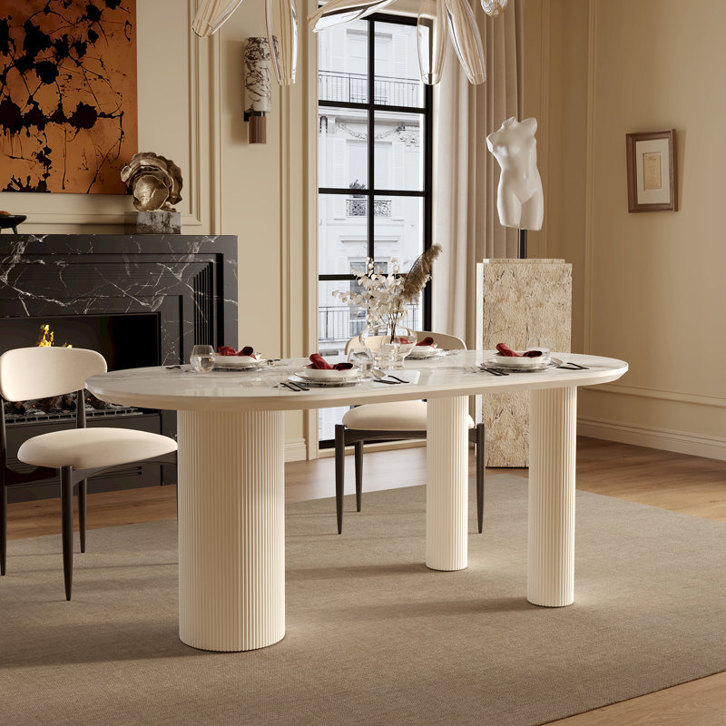 Lexly Pedestal Modern Cream Color Dining Table, Roman Column, 35.4'' W x 71'' L