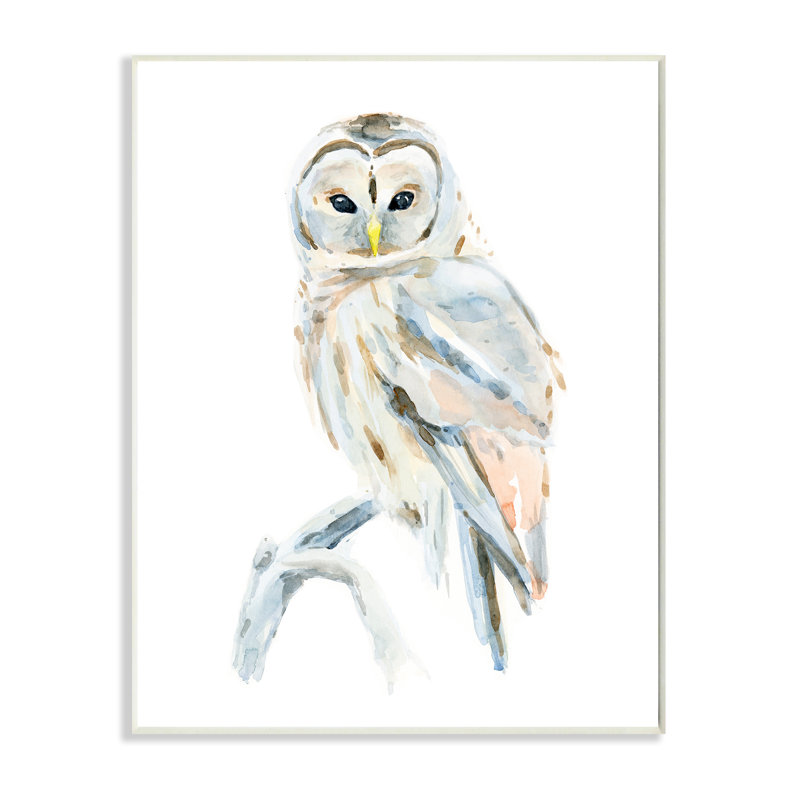 Winter Artic Owl Portrait Perched On Tree Branch by Annie Warren - Painting on Canvas, 19" H x 13" W, Wall Plaque