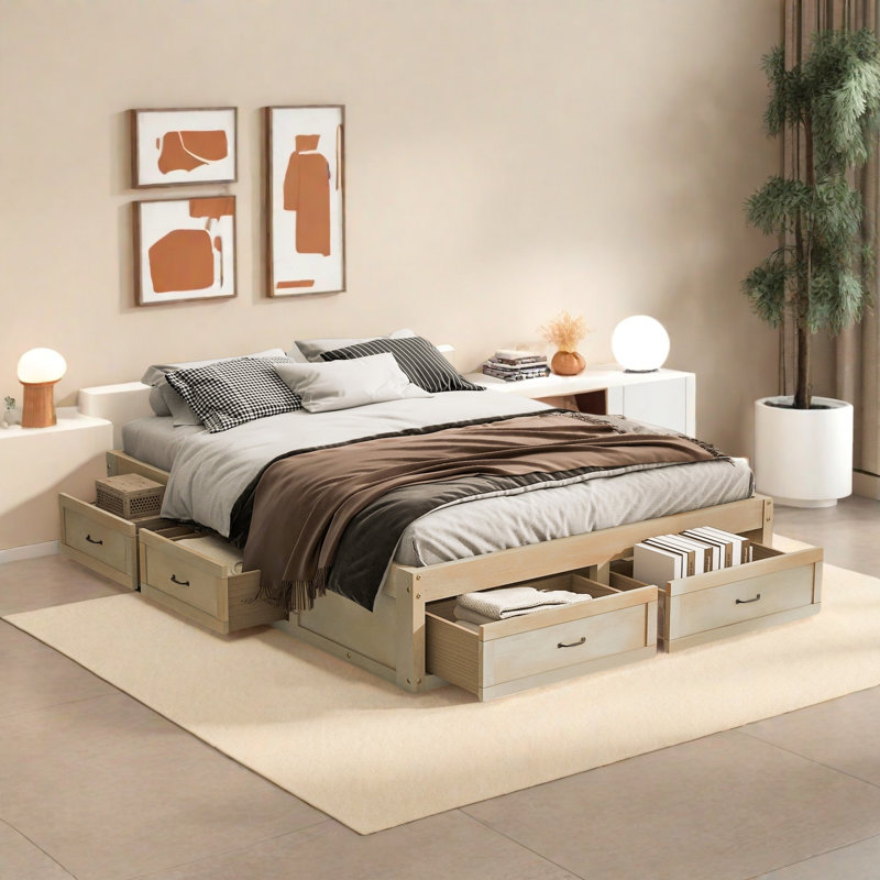 Lit plateforme 6 tiroirs avec rangement, Naturel antique, Grand lit