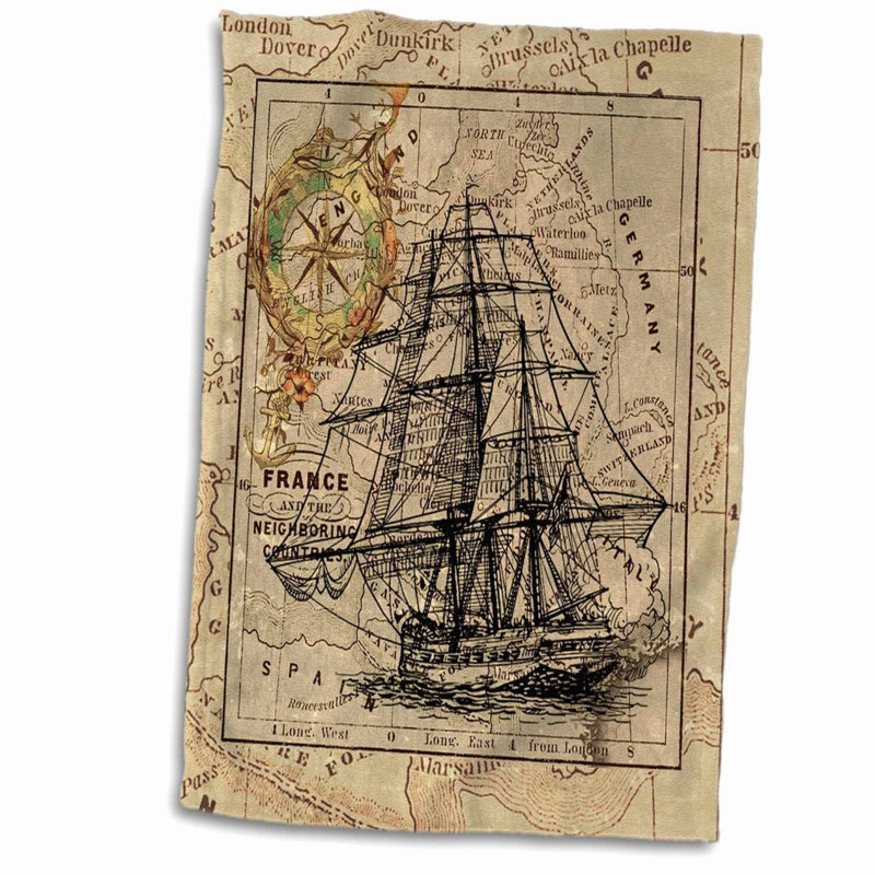 Vintage Ghost Ship Map Hand Towel - 3D Rose Design, 15x22