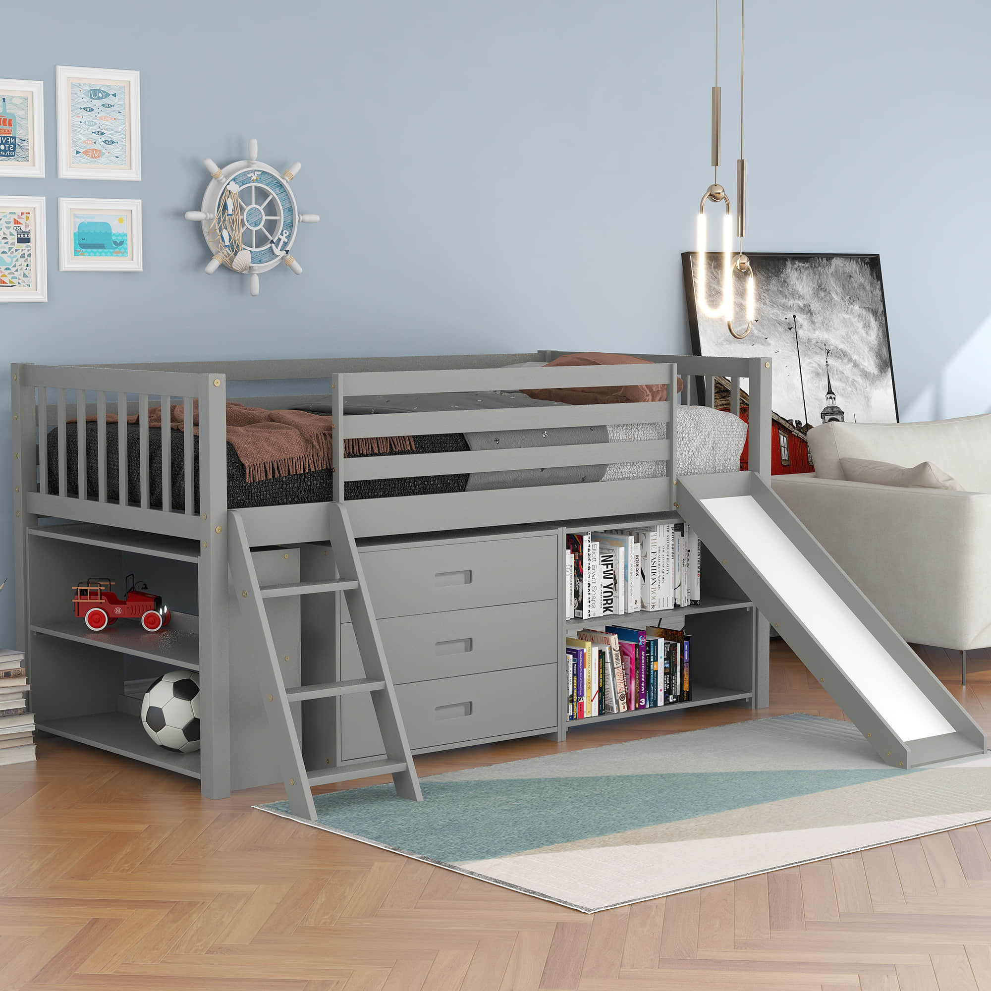 Twin Wood 3 Drawers Low Loft Bed with Shelves Harriet Bee Bed Frame Color: Gray