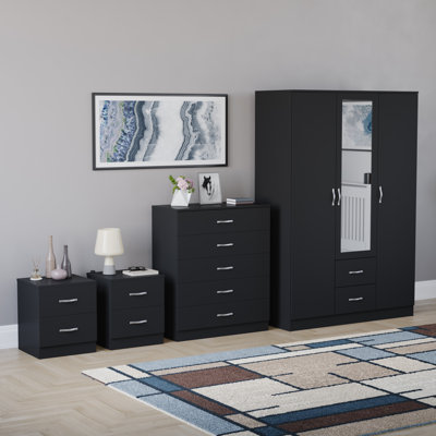 Tayce 4 Piece Bedroom Set (2 Drawer Bedside Chest X2, 5 Drawer Chest, 3 Door 2 Drawer Mirrored Wardrobe)