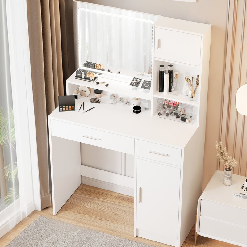 Table de coiffeuse pour chambre à coucher avec miroir et DEL. Rangement à 3 niveaux, blanc. 36,19 po de largeur x 15,98 po de hauteur. DEL facile à installer, rangement. 52,36 po de profondeur, largeur. Espace approprié